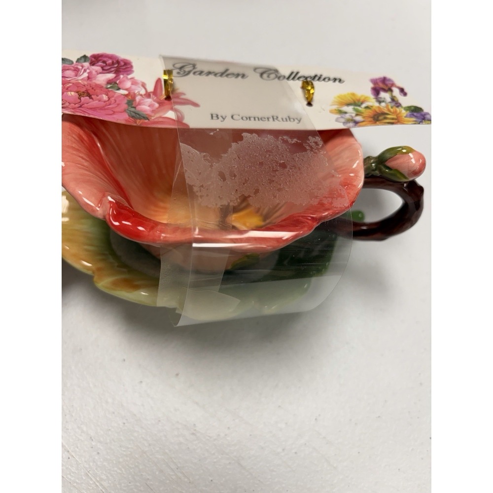 Corner Ruby Garden Collection peach yellow Flower Teacup Leaf Saucer (no Spoon)